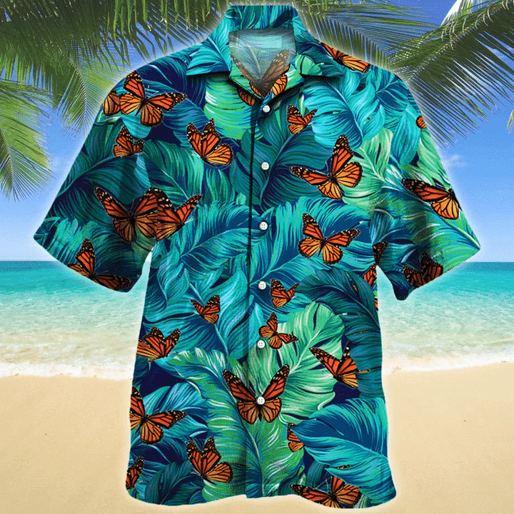 Monarch Butterfly Lovers Gift Summer Beach Palm Tree Pattern Trendy Hawaiian Shirt