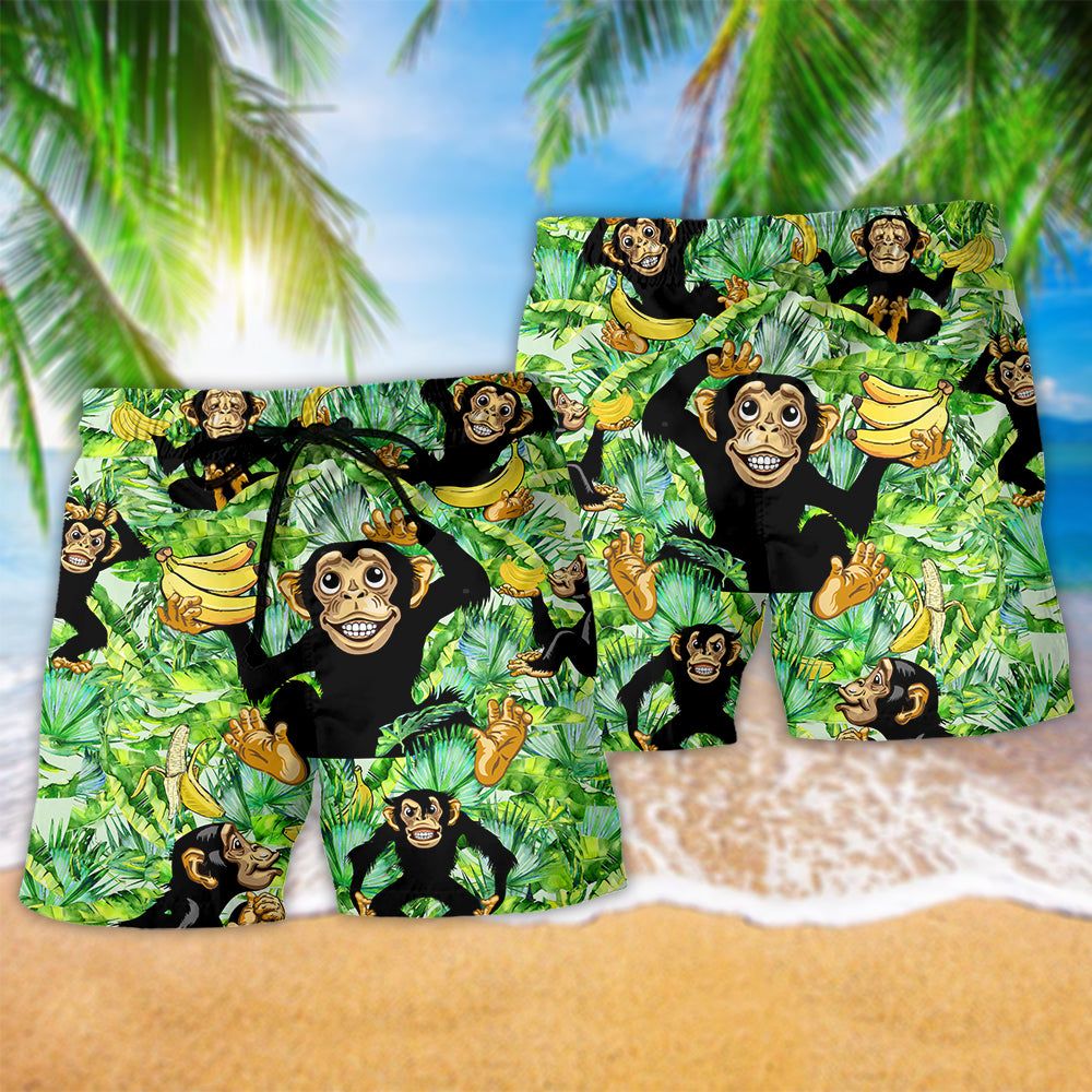 Monkey Loves Banana Troipcal Leaves Trendy Aloha Hawaiian Beach Shorts