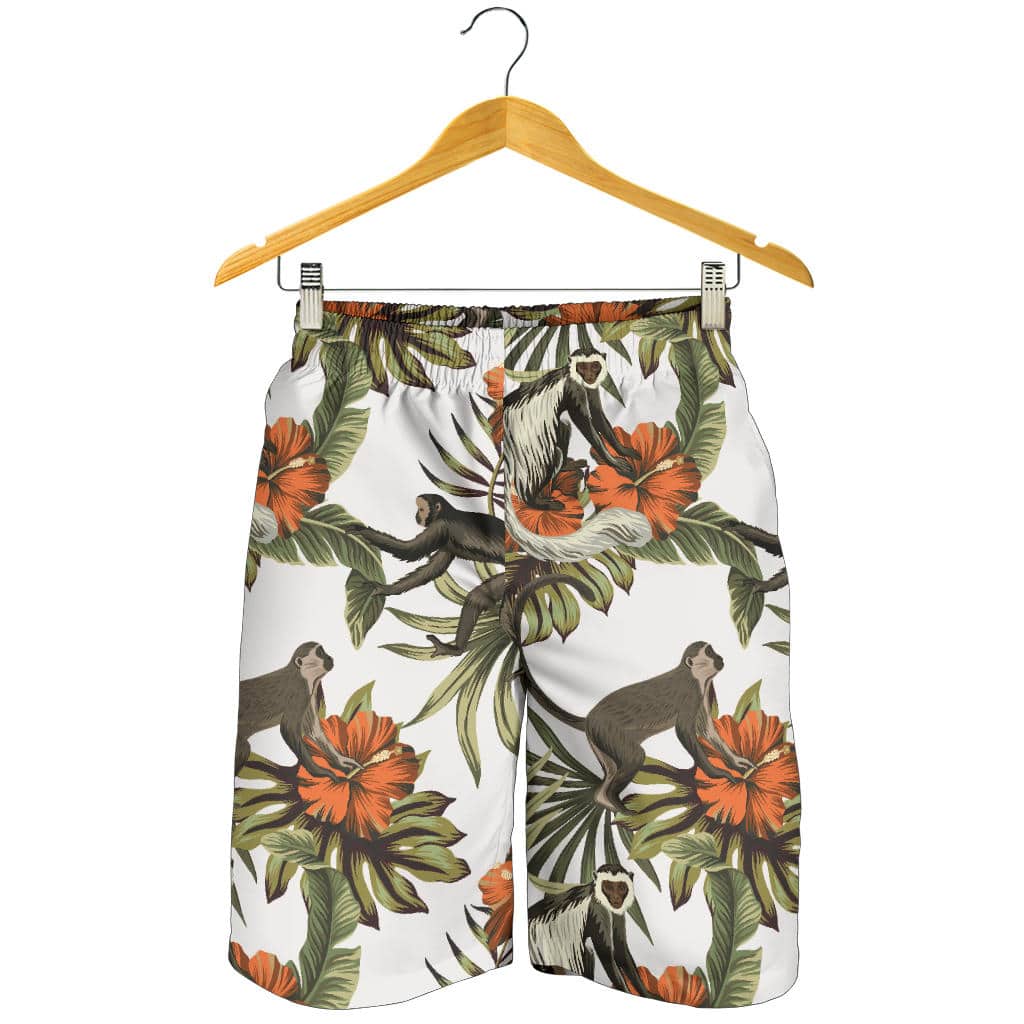 Monkey Red Hibiscus Flower Palm Leaves Floral Pattern For Men Women Kid Shorts
