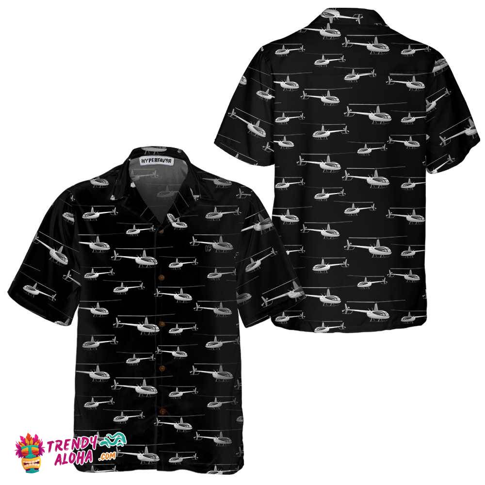 Monochrome Seamless Helicopter Pattern Hawaiian Shirt, Black And White Helicopter Shirt For Men