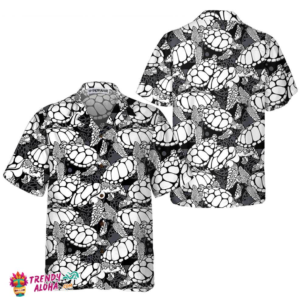Monogram Sea Turtle Pattern Hawaiian Shirt, Black And White Turtle Seamless Pattern Shirt, Cool Turtle Shirt