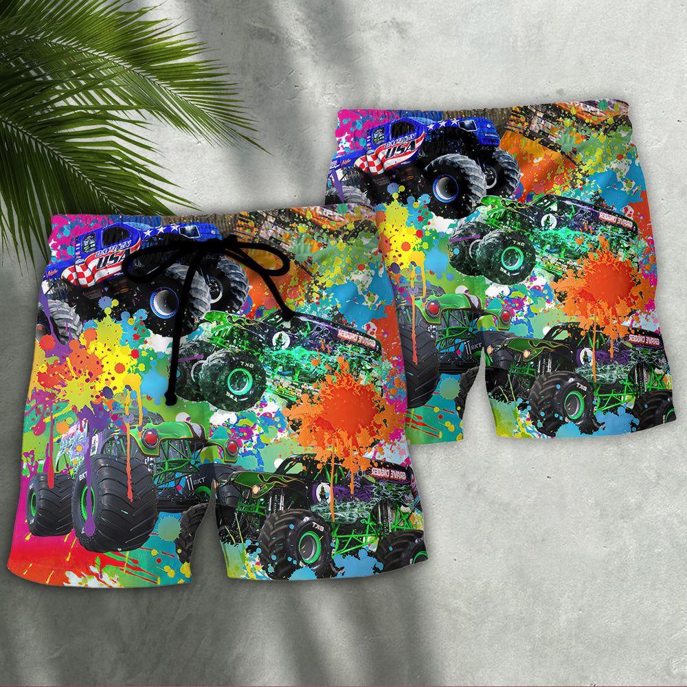 Monster Truck Colorful Painting Trendy Aloha Hawaiian Beach Shorts
