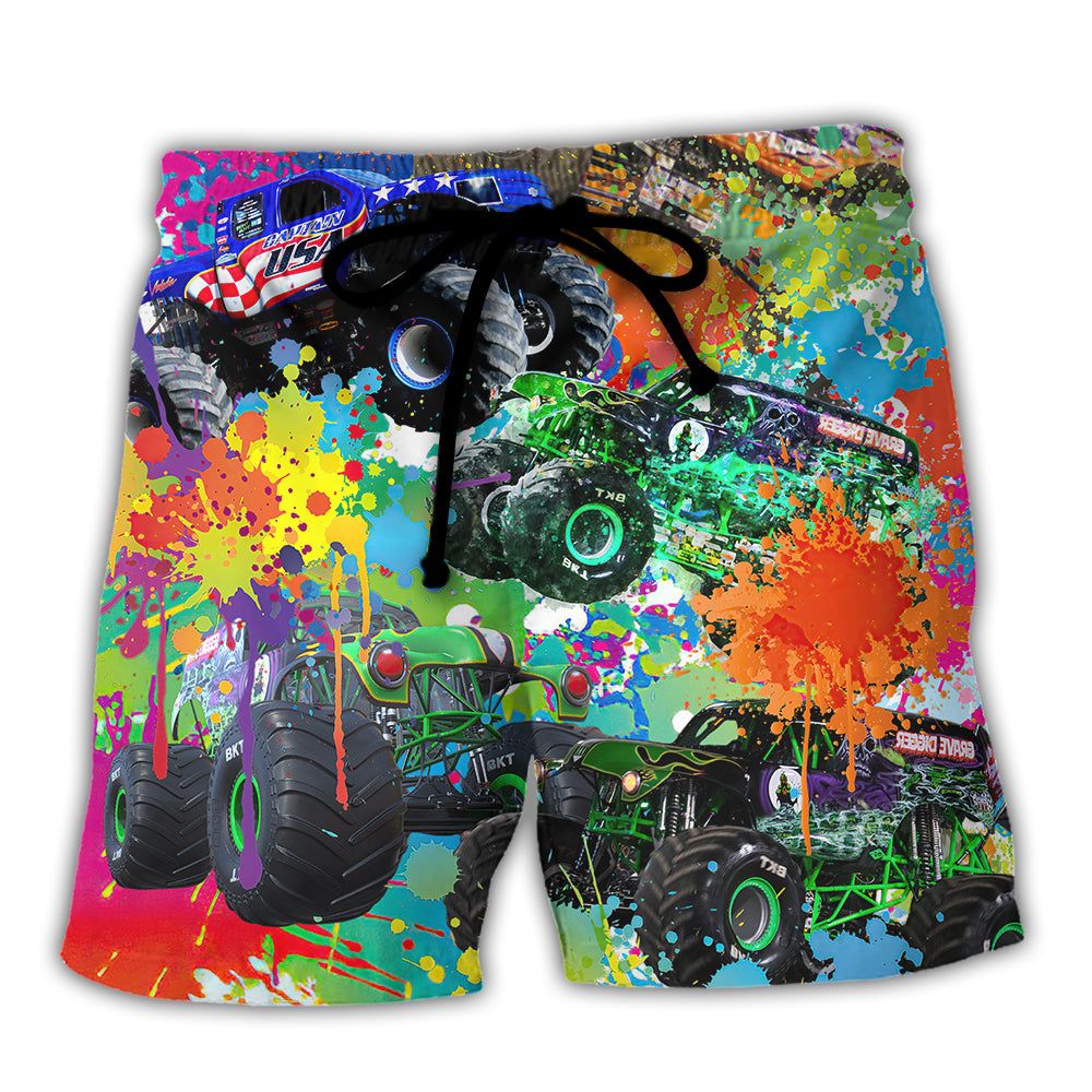 Monster Truck Colorful Painting Trendy Aloha Hawaiian Beach Shorts Monster Truck Colorful Painting Trendy Aloha Hawaiian Beach Shorts
