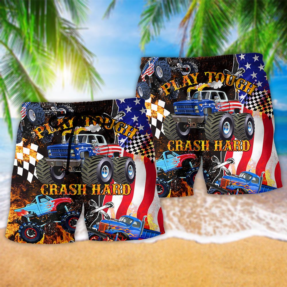 Monster Truck Play Tough Crash Hard America Trendy Aloha Hawaiian Beach Shorts