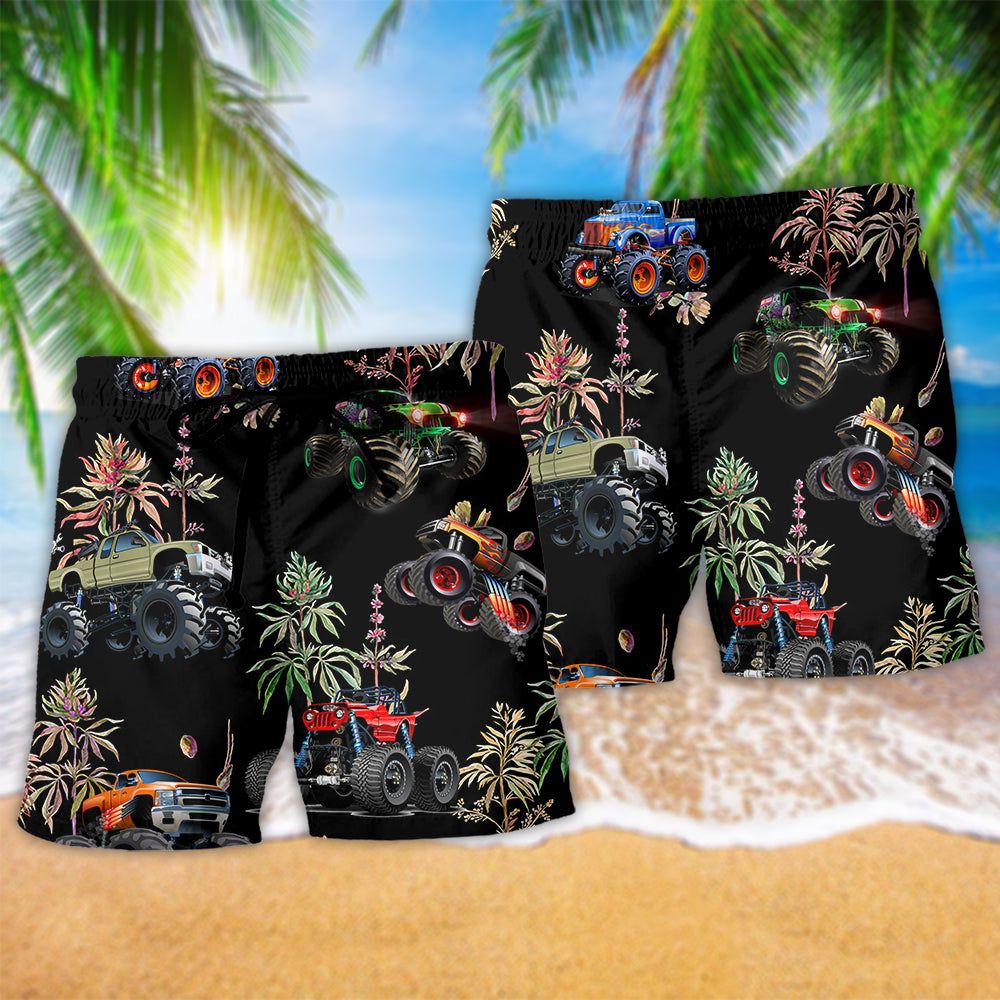 Monster Truck Tropical Leaf Summer Trendy Aloha Hawaiian Beach Shorts