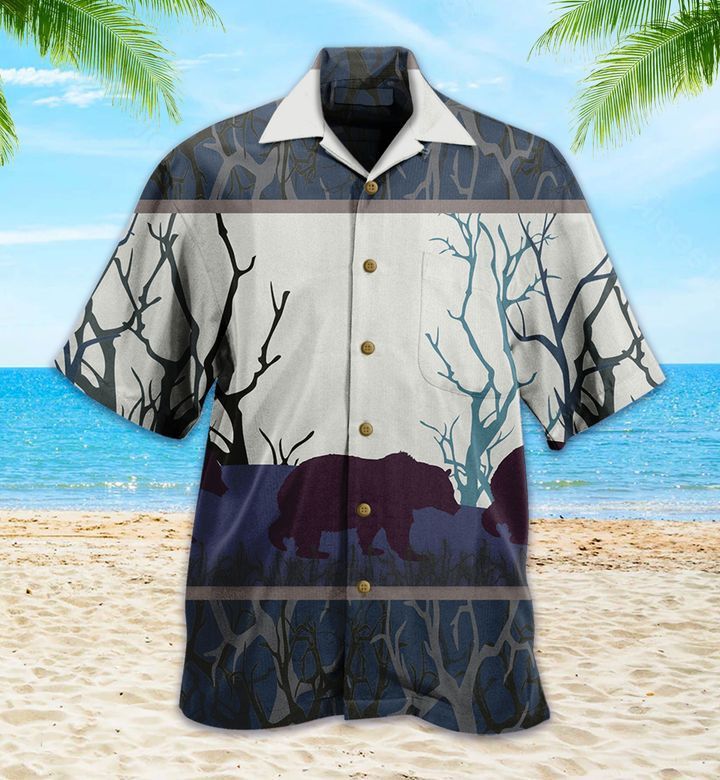 Moonlight Bear Stroll Black Trendy Hawaiian Shirt 3D, Bear Lover Trendy Hawaiian Shirt For Summer Gifts