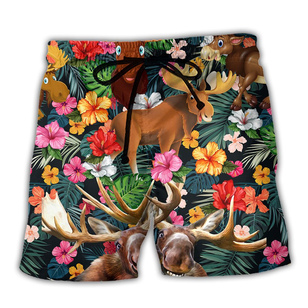 Moose Animals Happy Moose Aloha Trendy Aloha Hawaiian Beach Shorts
