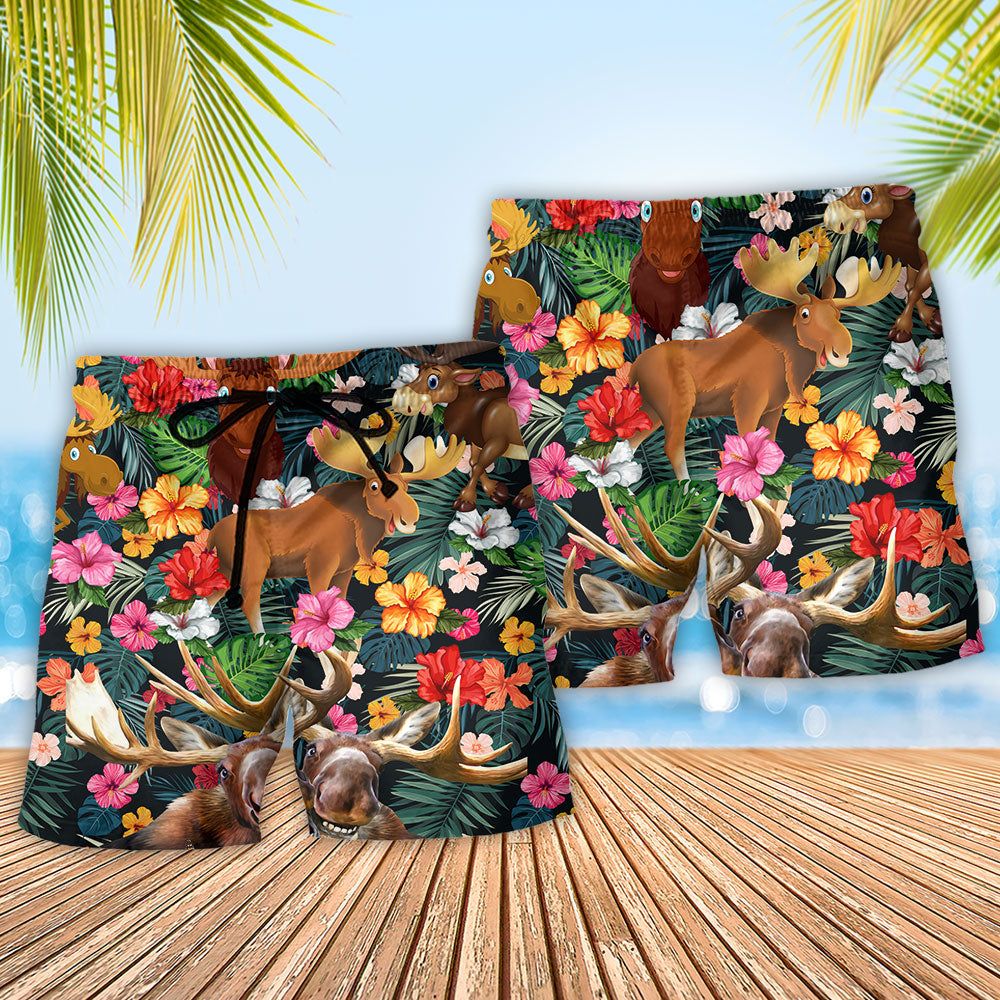Moose Animals Happy Moose Aloha Trendy Aloha Hawaiian Beach Shorts