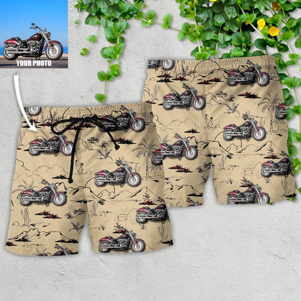 Motorcycle Desert Catus Mountain Flower Custom Photo Trendy Aloha Hawaiian Beach Shorts
