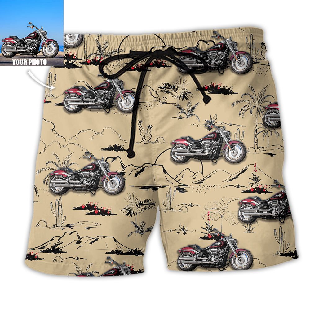Motorcycle Desert Catus Mountain Flower Custom Photo Trendy Aloha Hawaiian Beach Shorts Motorcycle Desert Catus Mountain Flower Custom Photo Trendy Aloha Hawaiian Beach Shorts
