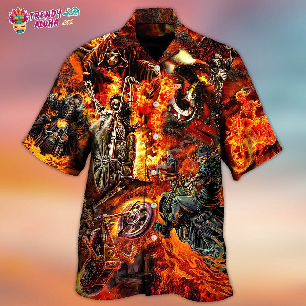 Motorcycle Lover Skull Fire Burning Art Style Hawaiian Shirt – Trendy Aloha