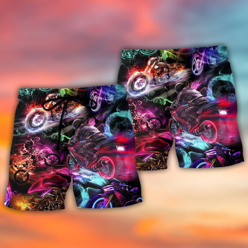 Motorcycle Racing Neon Light Colorful Trendy Aloha Hawaiian Beach Shorts