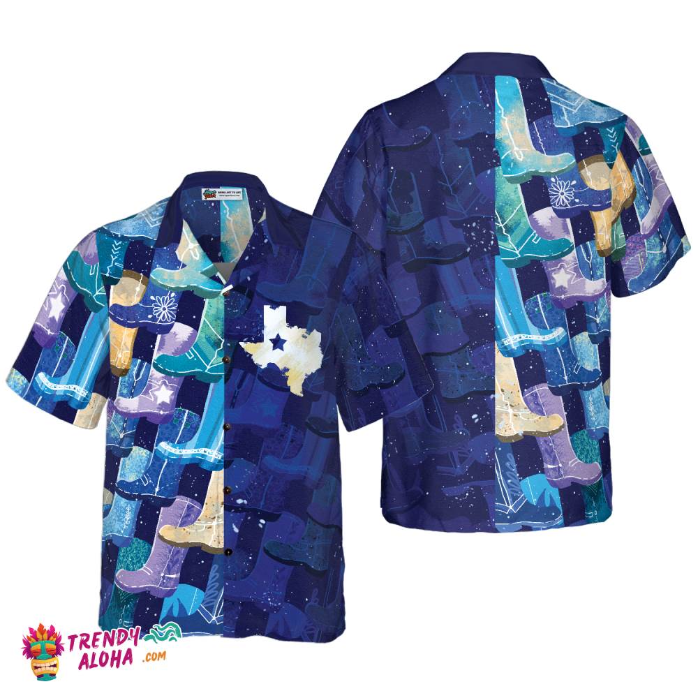 Multicolor Cowboy Boots Texas Hawaiian Shirt For Men, Lone Star Flag Hawaiian Shirt, Blue Shirt For Texans