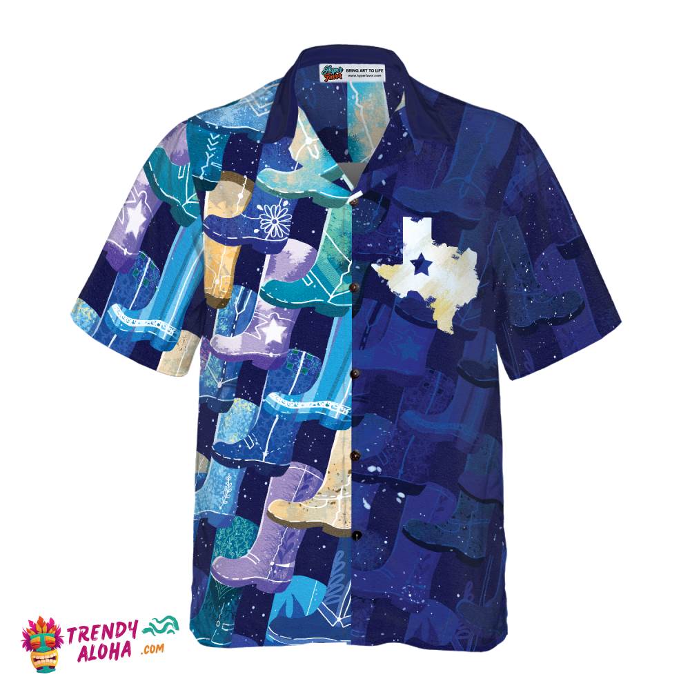 Multicolor Cowboy Boots Texas Hawaiian Shirt For Men, Lone Star Flag Hawaiian Shirt, Blue Shirt For Texans