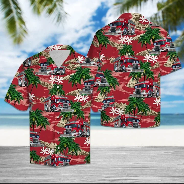 Multicolor Firefighter Car Palm Island Pattern Trendy Hawaiian Shirt