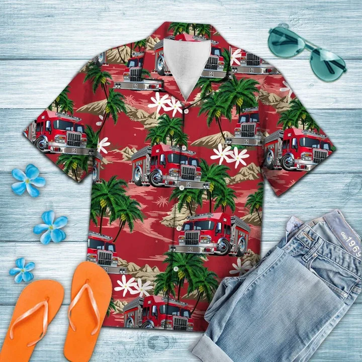 Multicolor Firefighter Car Palm Island Pattern Trendy Hawaiian Shirt Multicolor Firefighter Car Palm Island Pattern Trendy Hawaiian Shirt