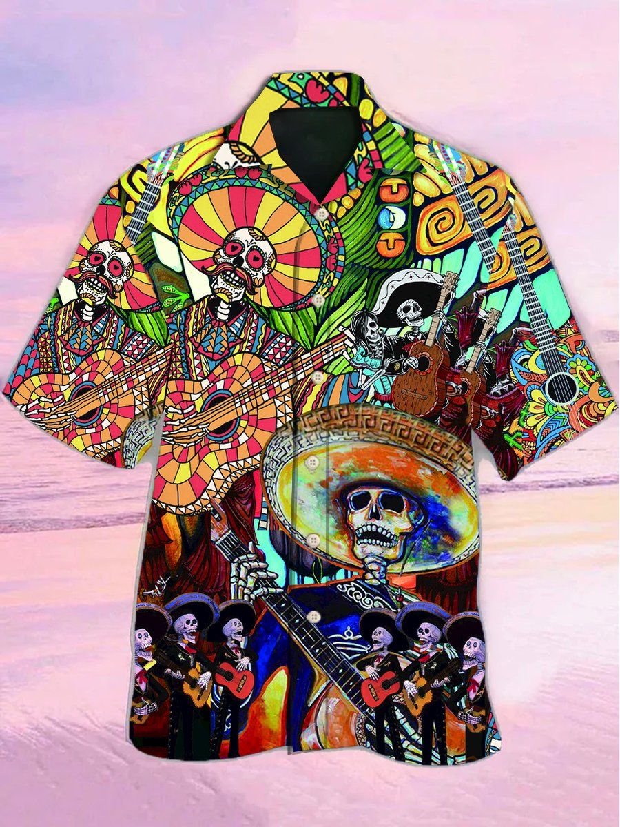 Multicolor Skeleton Guitar Print Short Sleeve Hawaiian Shirt