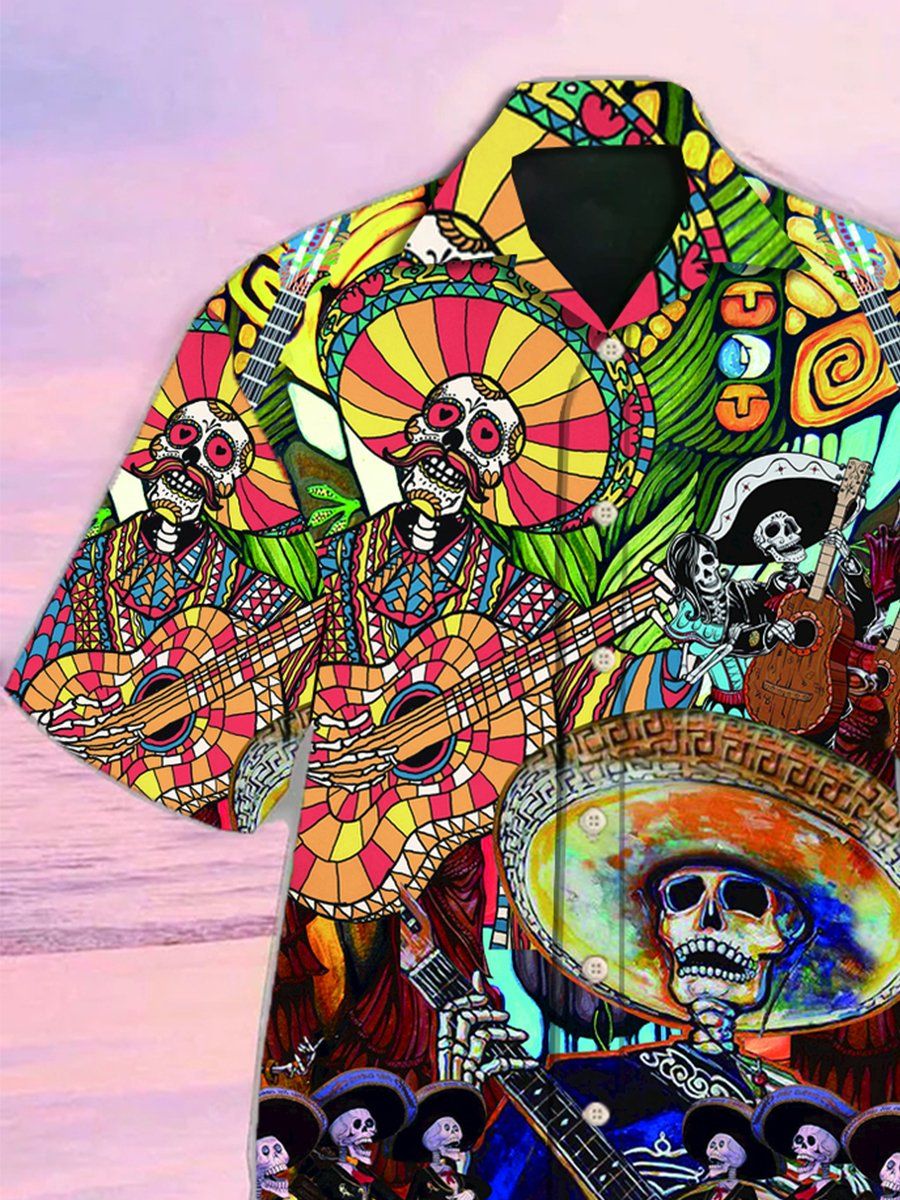 Multicolor Skeleton Guitar Print Short Sleeve Hawaiian Shirt
