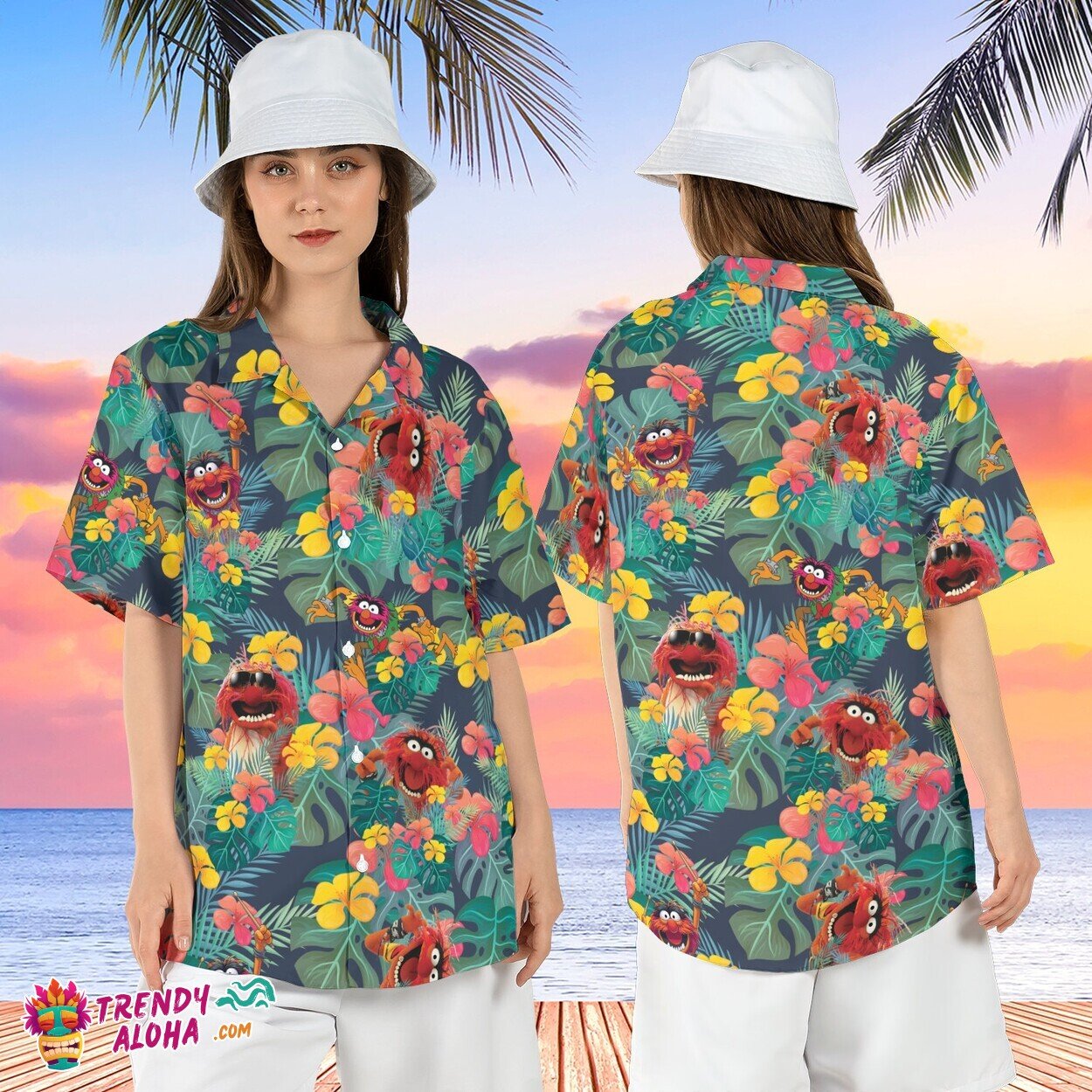 Muppet Animal Drum Hibiscus Tropical Hawaiian Summer Aloha Tee