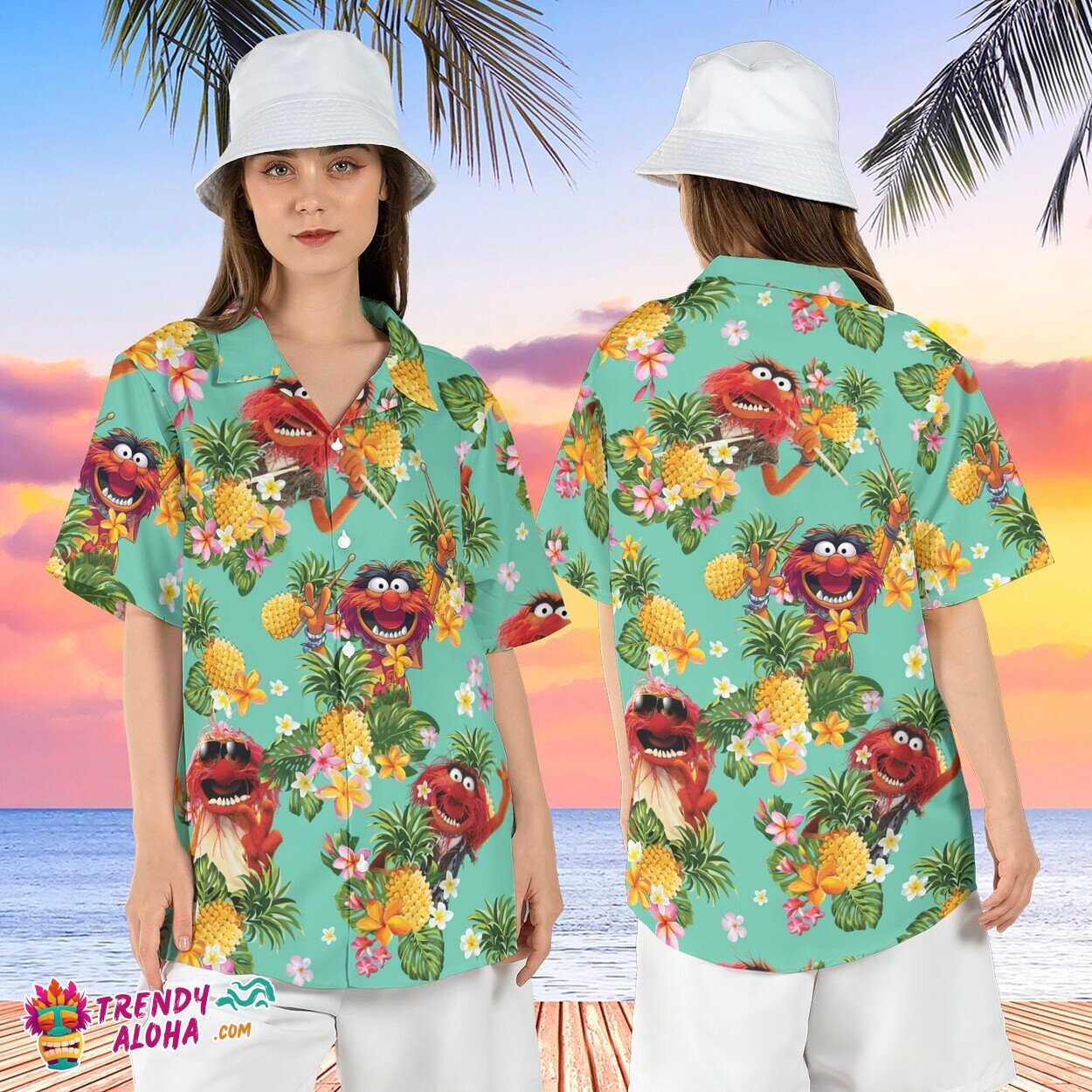 Muppets Pineapple Tropical Animal Show Palm Disney Aloha Tee