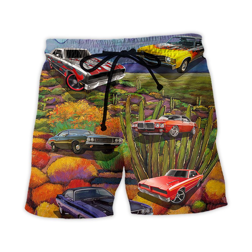 Muscle Car Beautiful Landscape Trendy Aloha Hawaiian Beach Shorts Muscle Car Beautiful Landscape Trendy Aloha Hawaiian Beach Shorts