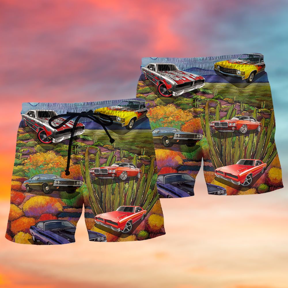 Muscle Car Beautiful Landscape Trendy Aloha Hawaiian Beach Shorts