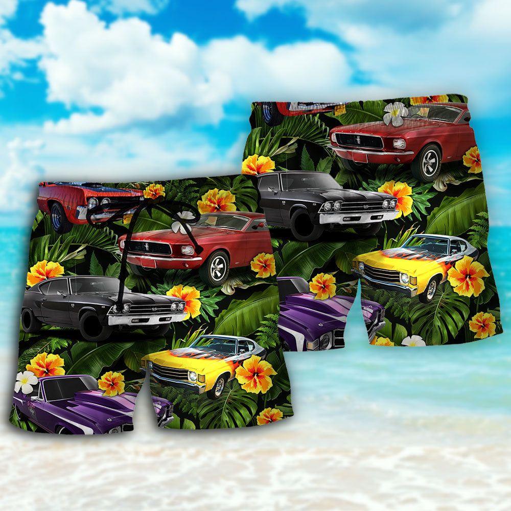 Muscle Car Tropical Vibe Trendy Aloha Hawaiian Beach Shorts