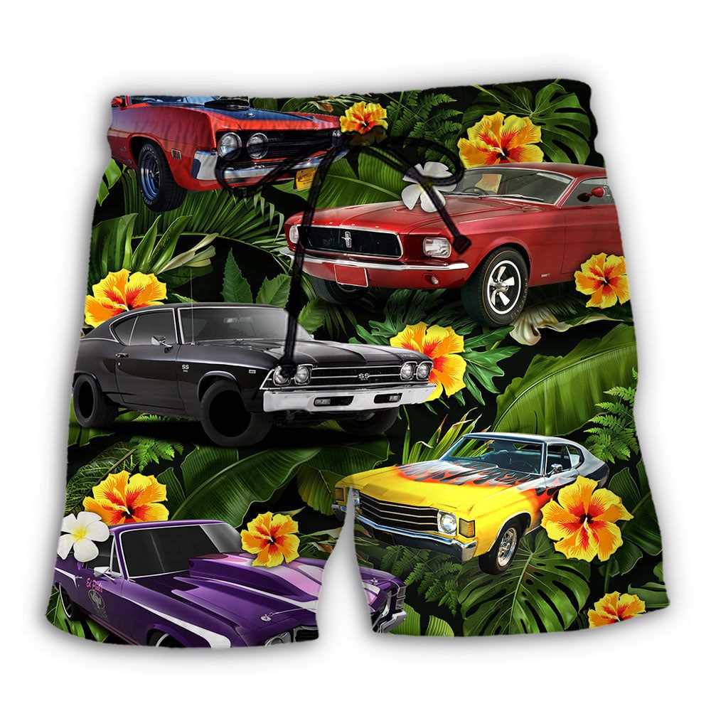 Muscle Car Tropical Vibe Trendy Aloha Hawaiian Beach Shorts Muscle Car Tropical Vibe Trendy Aloha Hawaiian Beach Shorts