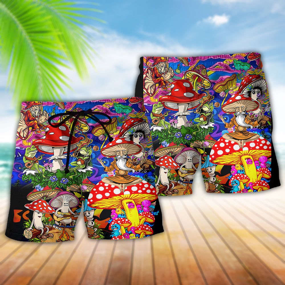 Mushroom Happy Together Hippie Colorful Trendy Aloha Hawaiian Beach Shorts