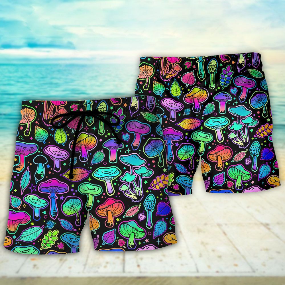 Mushroom Neon Colorful Bright With Leaf Trendy Aloha Hawaiian Beach Shorts