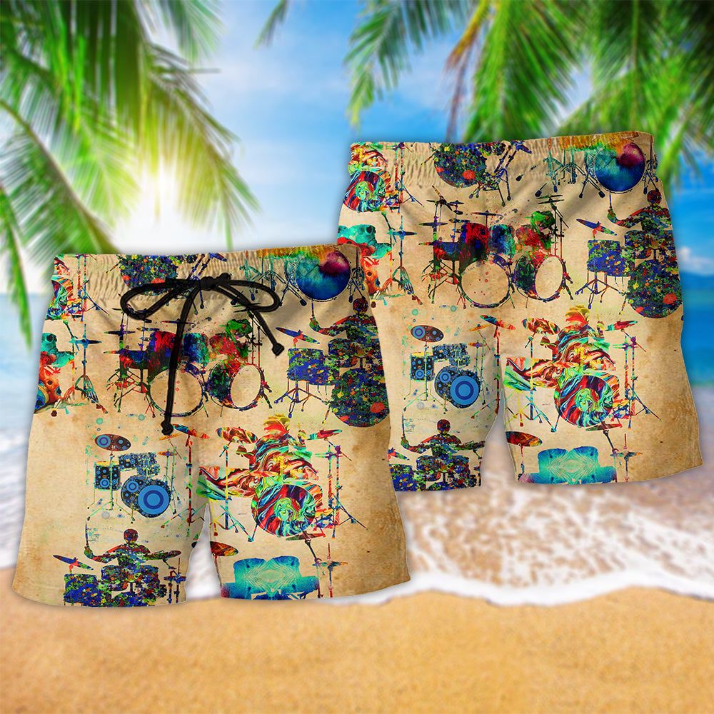 Music Colorful Vintage Drum Trendy Aloha Hawaiian Beach Shorts