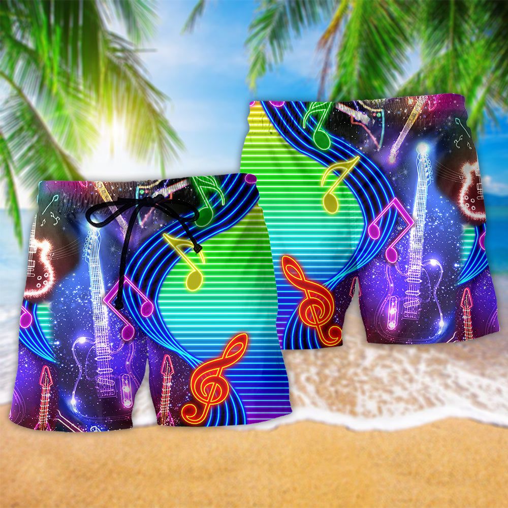 Music Guitar Love Light Neon Trendy Aloha Hawaiian Beach Shorts