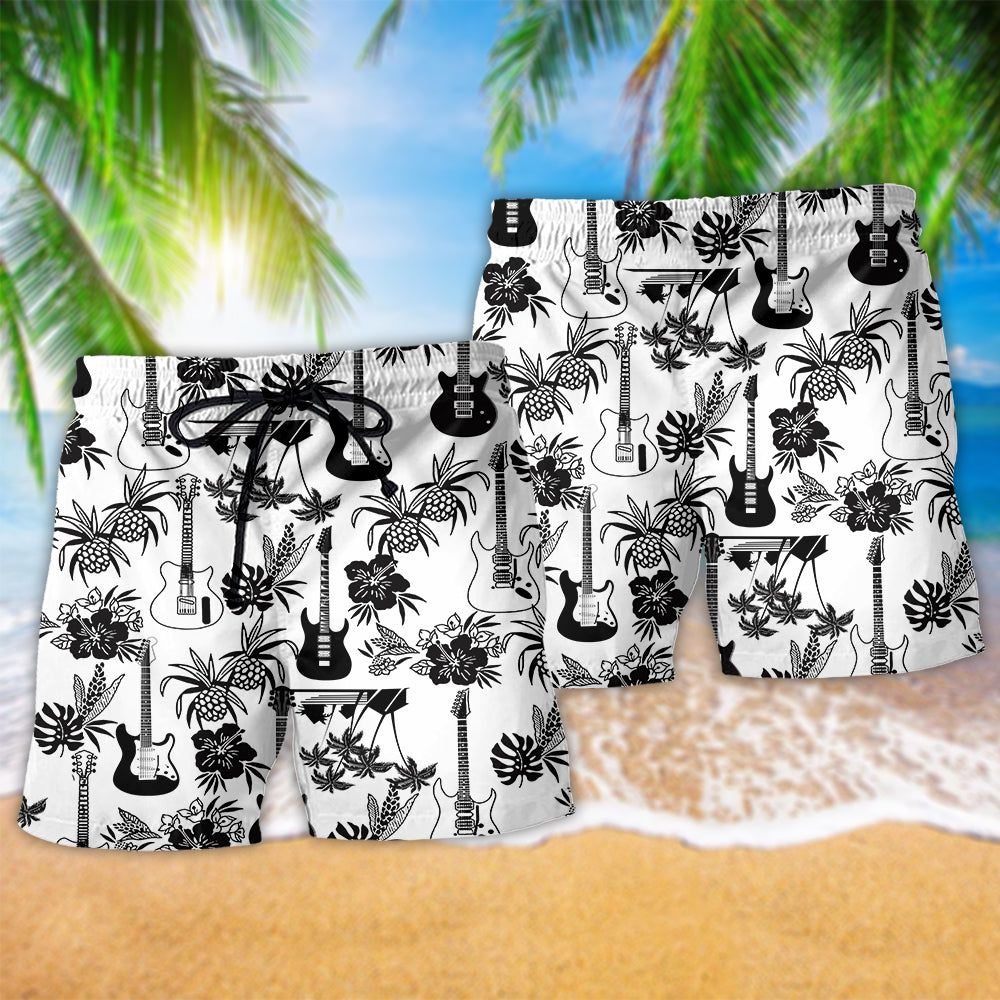 Music With Electric Guitar Black And White Trendy Aloha Hawaiian Beach Shorts