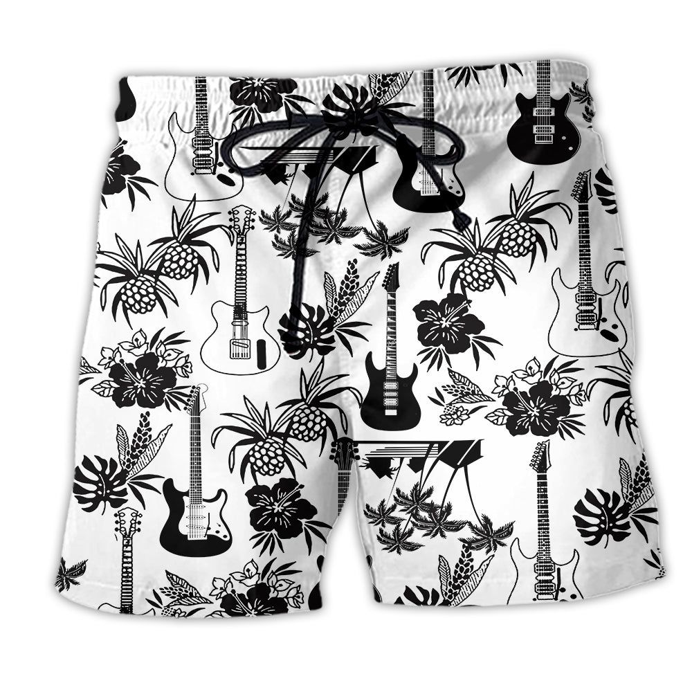 Music With Electric Guitar Black And White Trendy Aloha Hawaiian Beach Shorts