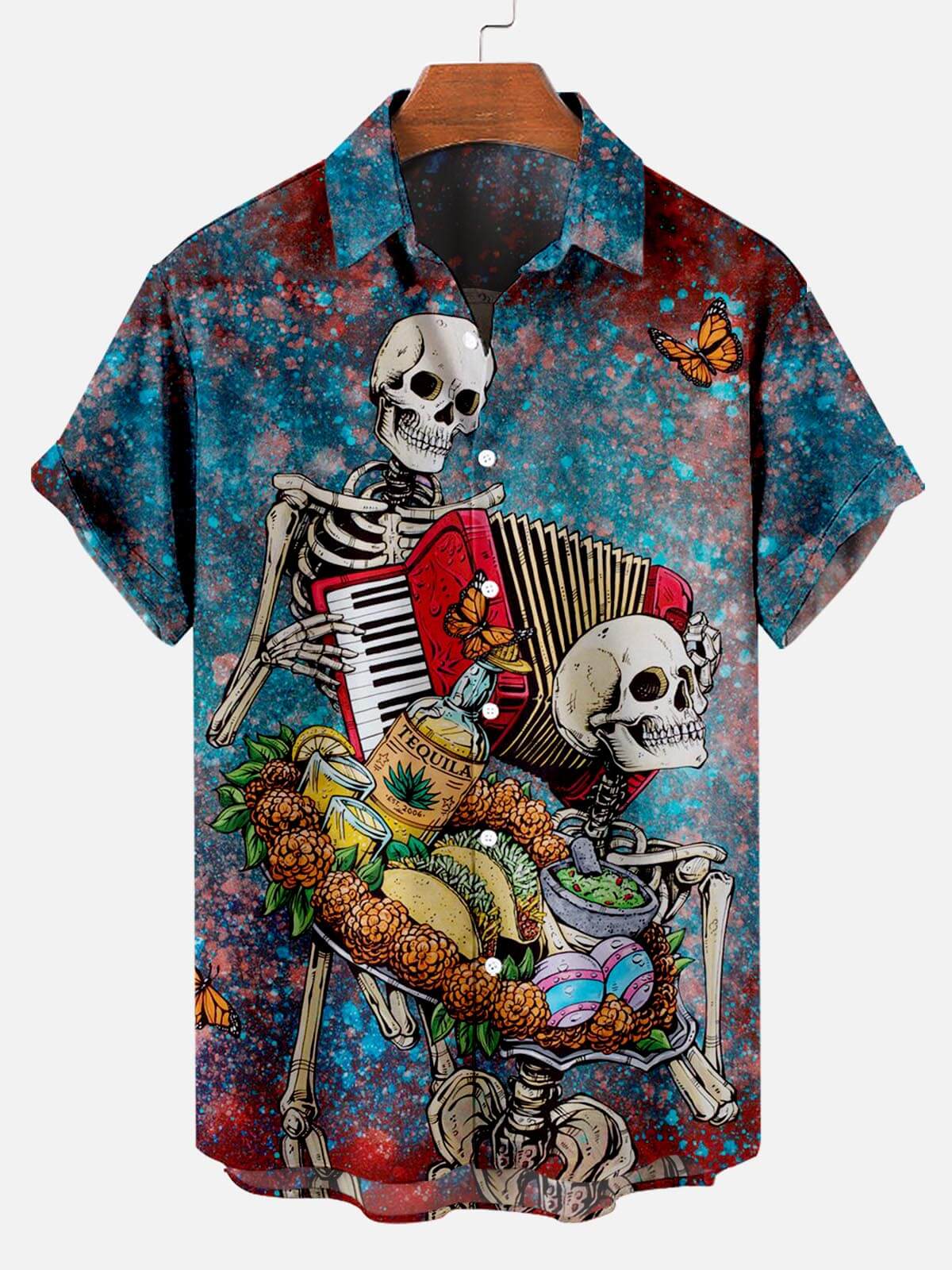 Musical Skeleton Soiree: Hawaiian Shirt with Skull Music Pattern Celebration
