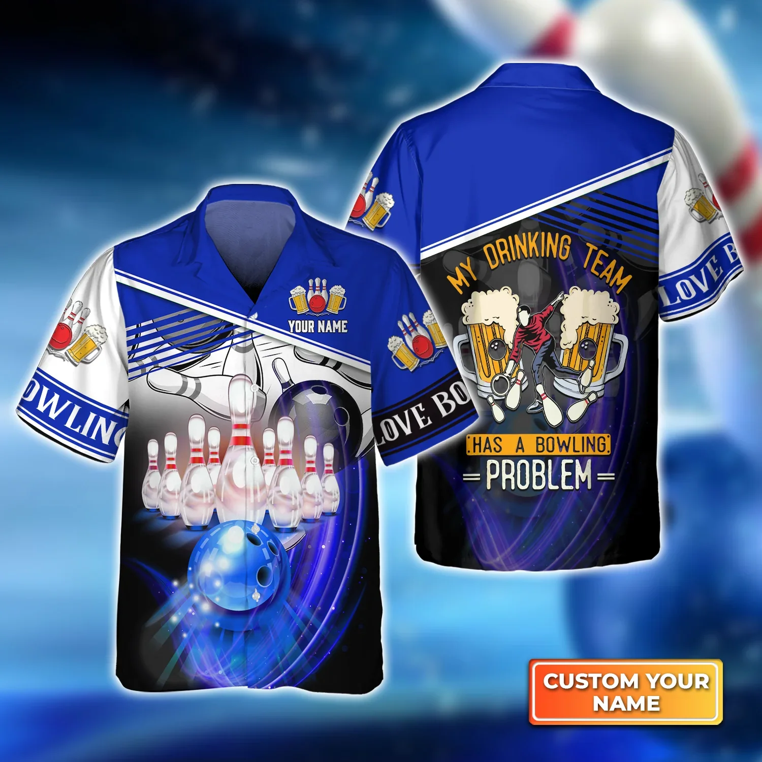 My Drinking Team Blue Bowling Ball Crashing Into Pins Trendy Hawaiian Shirt, Bowling Trendy Hawaiian Shirt For Men, Women, Bowling Team Shirt