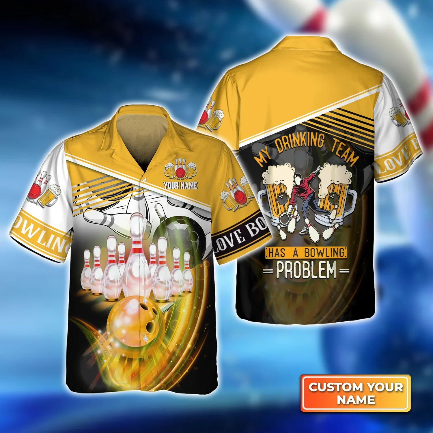 My Drinking Team Yellow Bowling Ball Crashing Into Pins Trendy Hawaiian Shirt, Bowling Trendy Hawaiian Shirt For Men, Women, Bowling Team