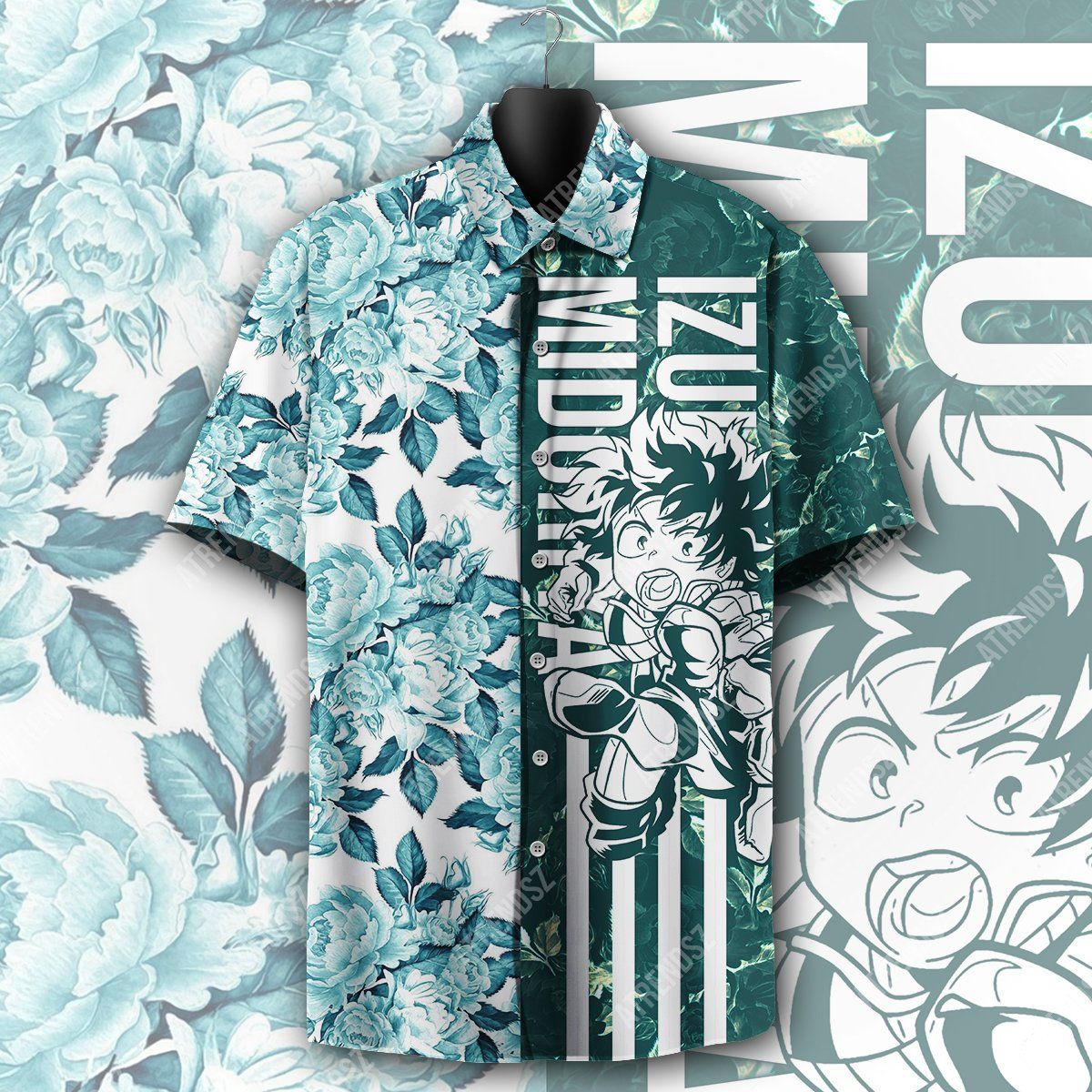 My Hero Academia Hawaiian Shirt Midoriya Izuku Floral Blue Green Hawaii Aloha Shirt