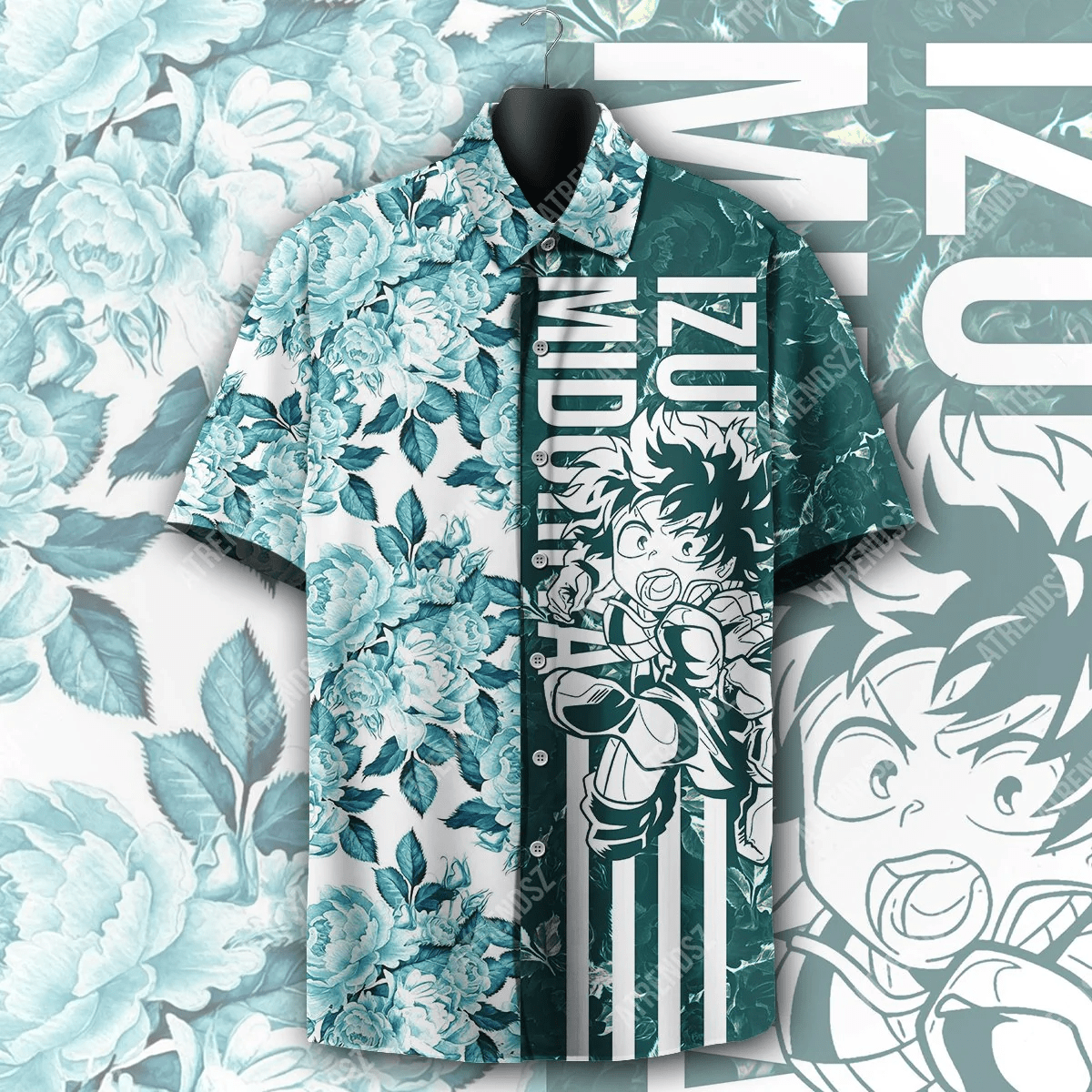My Hero Academia Hawaiian Shirt Midoriya Izuku Floral Blue Green Hawaii Aloha Shirt