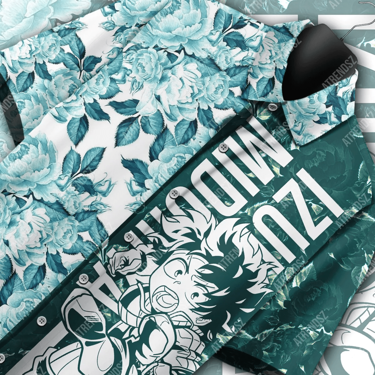 My Hero Academia Trendy Hawaiian Shirt Midoriya Izuku Floral Blue Green Hawaii Aloha Shirt 2022