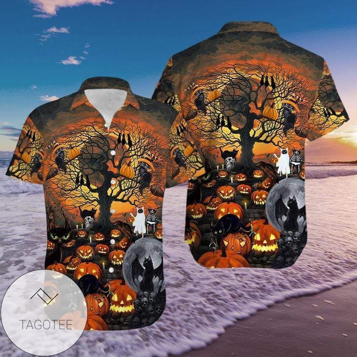 Mysterious Black Cat Meets Halloween’s Pumpkin on Hawaiian Shirt