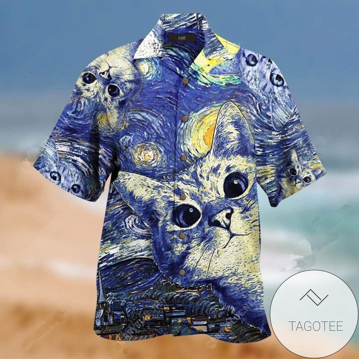 Mystical Cat Amid Starry Night Scene Unisex Hawaiian Shirt