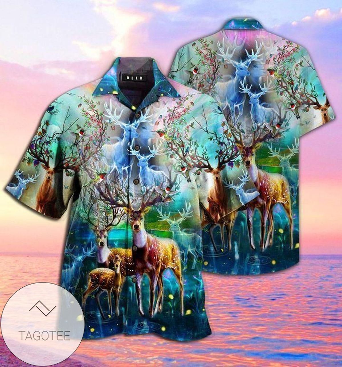 Mystical Magic Deer Graces Tropical Hawaiian Shirt Design