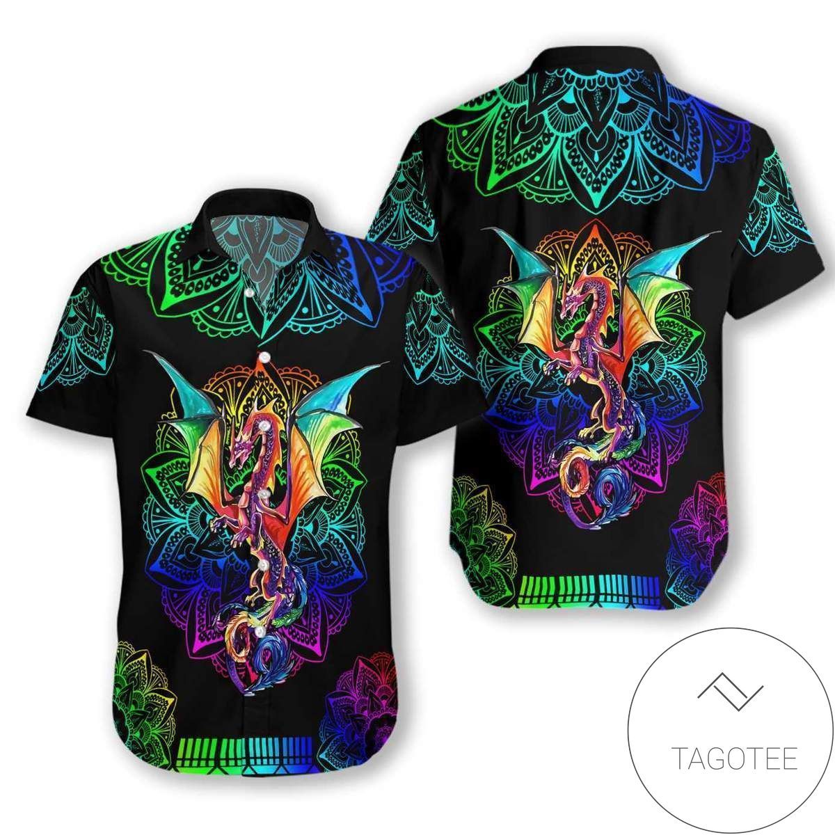 Mystical Realm Dragon Mandala Captured on Lush Hawaiian Shirt Design