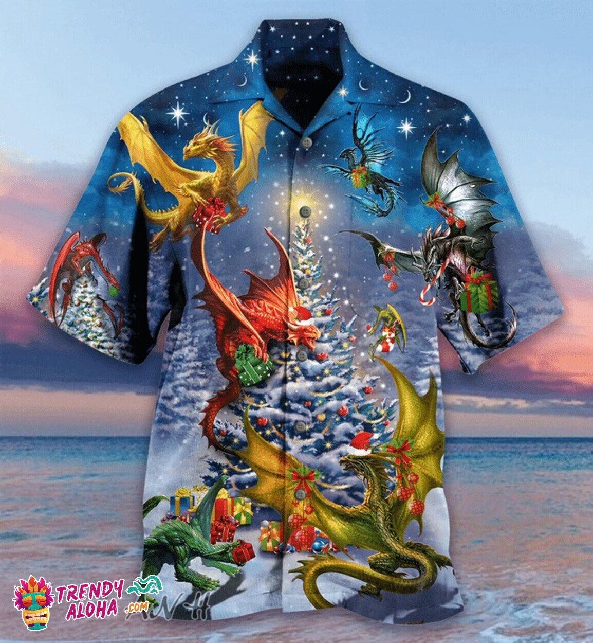 Mythical Dragon Family Yuletide Reunion Humorous Hawaiian Shirt