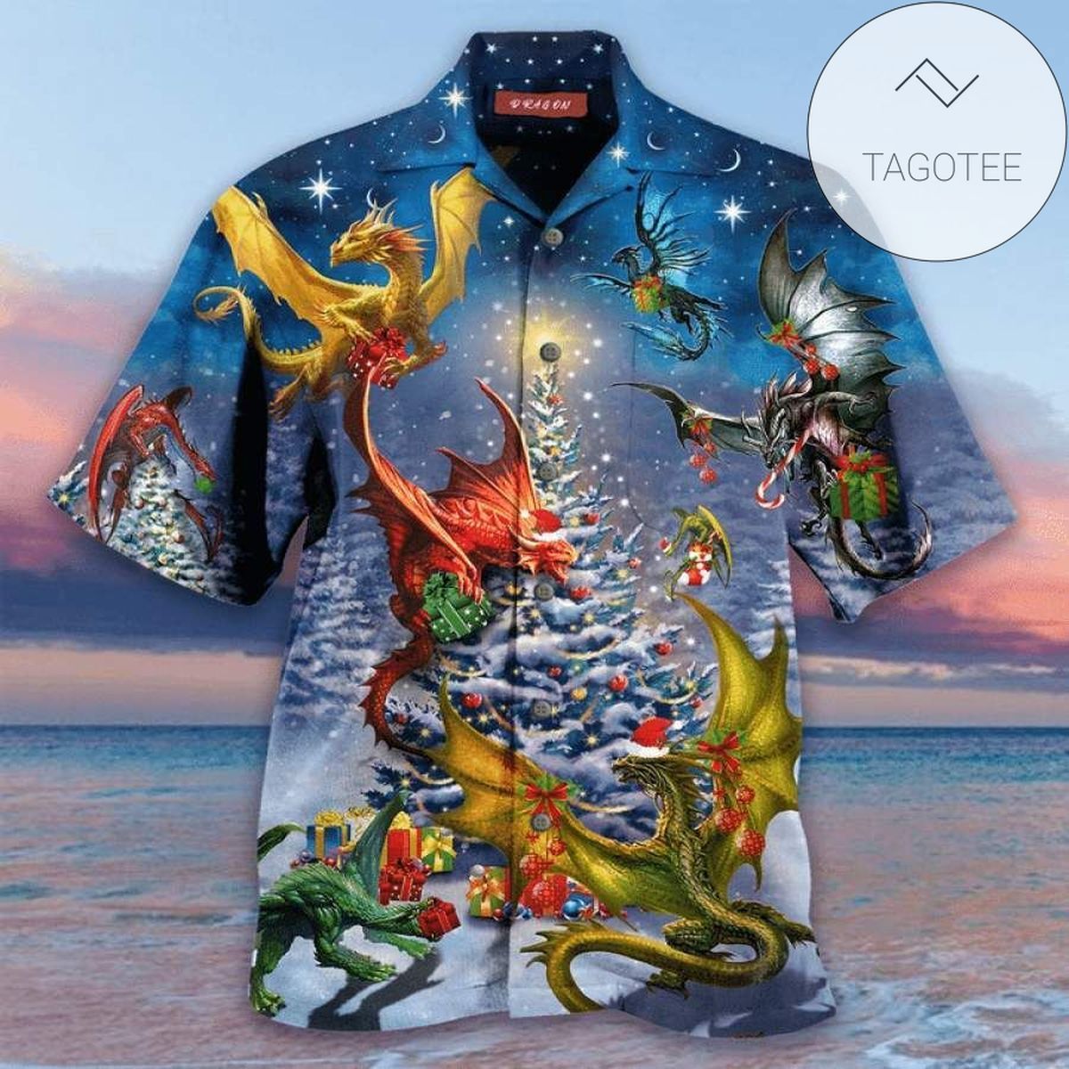 Mythical Dragons Ushering in Yuletide Joy on Hawaiian Shirt Design
