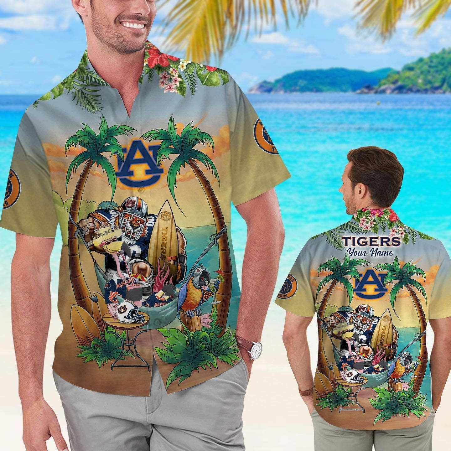 Name Personalized Auburn Tigers Flamingo Parrot Tropical Hawaiian Shirt