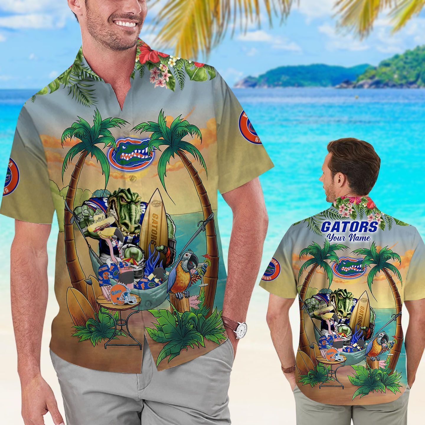 Name Personalized Florida Gators Flamingo Parrot Tropical Hawaiian Shirt