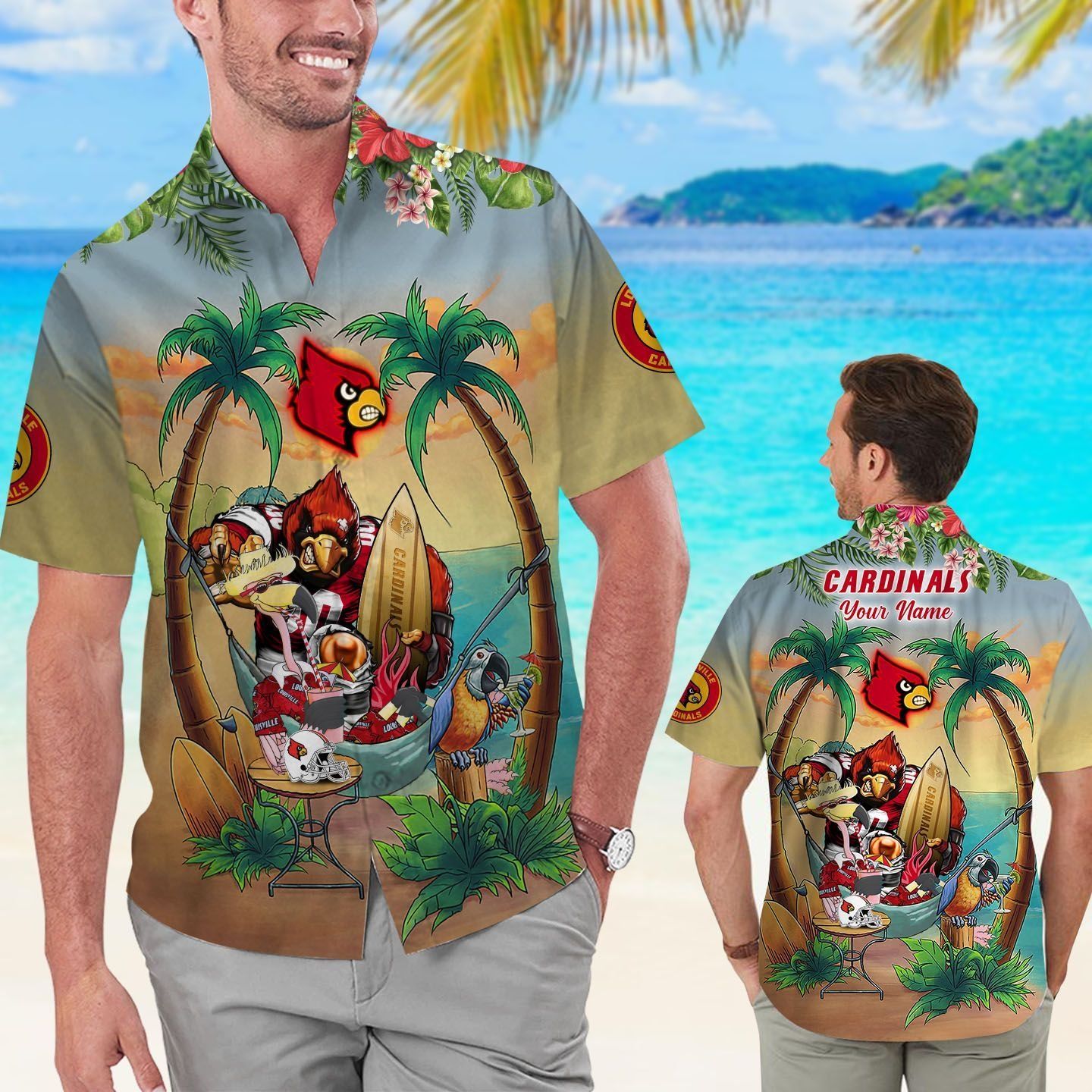 Name Personalized Louisville Cardinals Flamingo Parrot Tropical Hawaiian Shirt