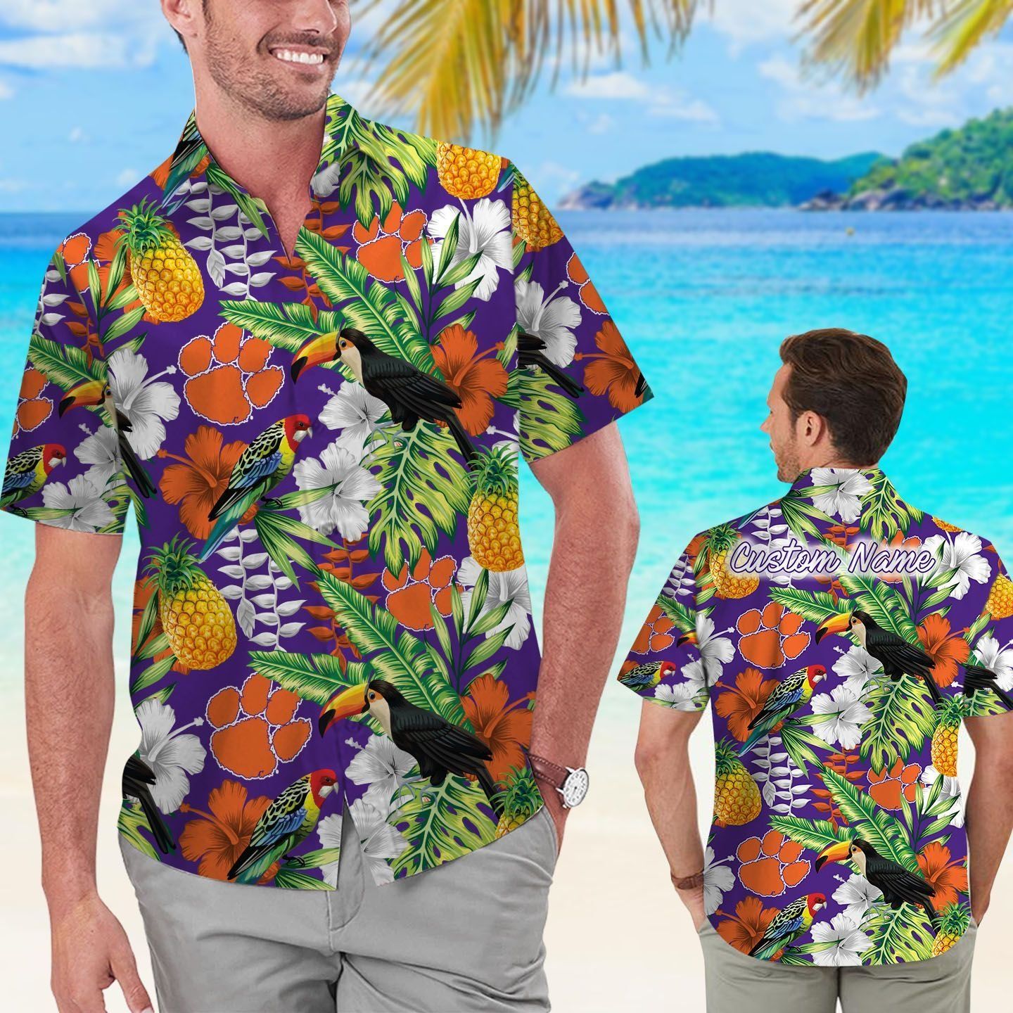 Name Personalized Parrot Floral Tropical Hawaiian Shirt for Clemson Tigers Fans